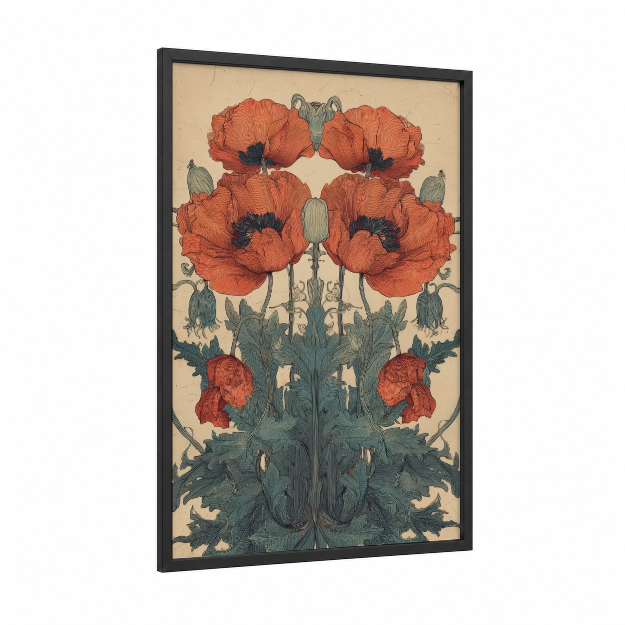 Symmetrical Poppies framed art print — black wood frame — red and sage green palette