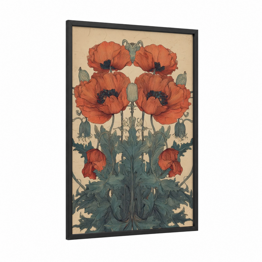 Symmetrical Poppies framed art print — black wood frame — red and sage green palette