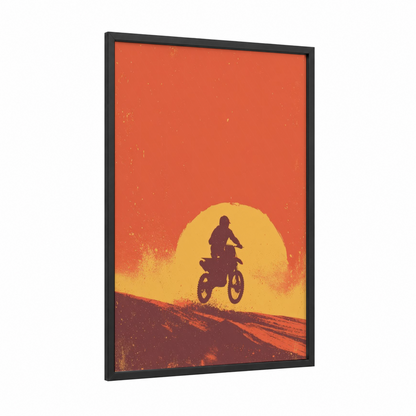 Sunset Motocross framed art print — black wood frame — orange and gold palette
