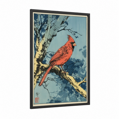 Scarlet Cardinal Perch framed art print — black wood frame — red and blue palette