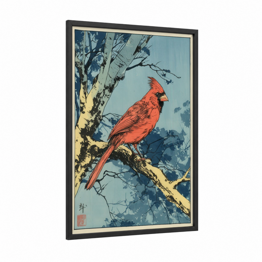 Scarlet Cardinal Perch framed art print — black wood frame — red and blue palette