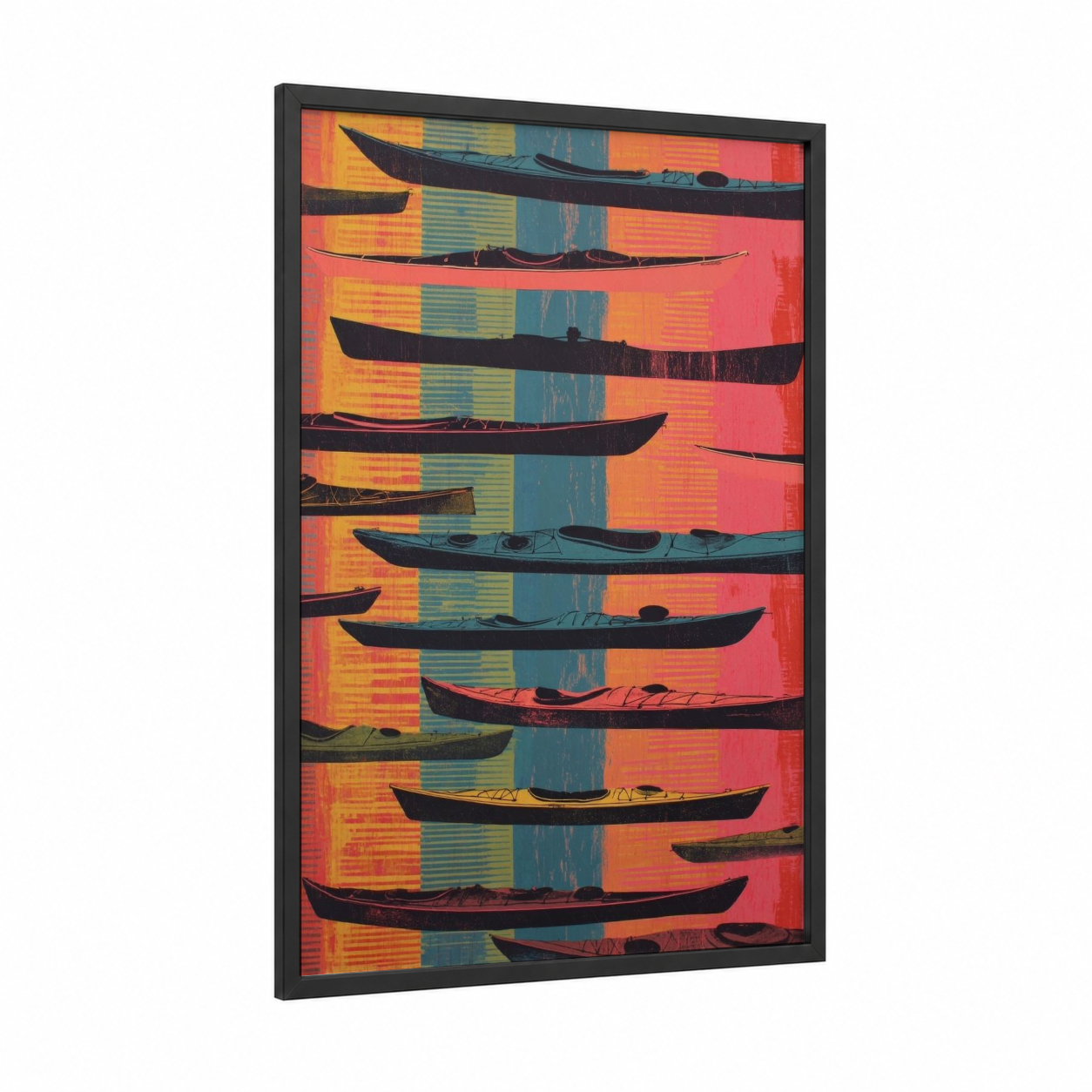 Vibrant Kayak Stack framed kayaks and canoes print — black wood frame — orange and teal palette