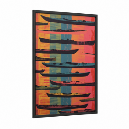Vibrant Kayak Stack framed kayaks and canoes print — black wood frame — orange and teal palette