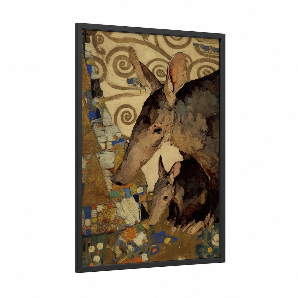 Earthen Aardvark Pair framed art print — black wood frame — cream and brown palette