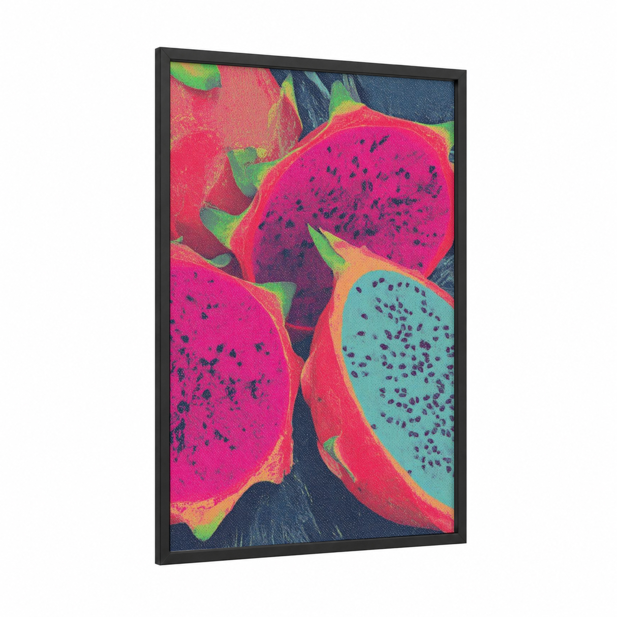 Vibrant Dragon Fruit framed art print — black wood frame — magenta and turquoise palette
