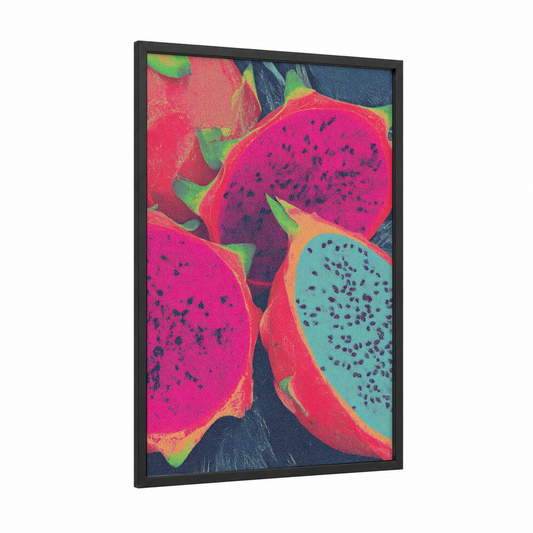 Vibrant Dragon Fruit framed art print — black wood frame — magenta and turquoise palette