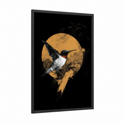 Golden Moon Hummingbird framed art print — black wood frame — gold and black and white palette