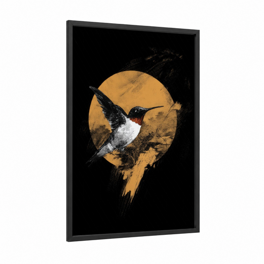 Golden Moon Hummingbird framed art print — black wood frame — gold and black and white palette