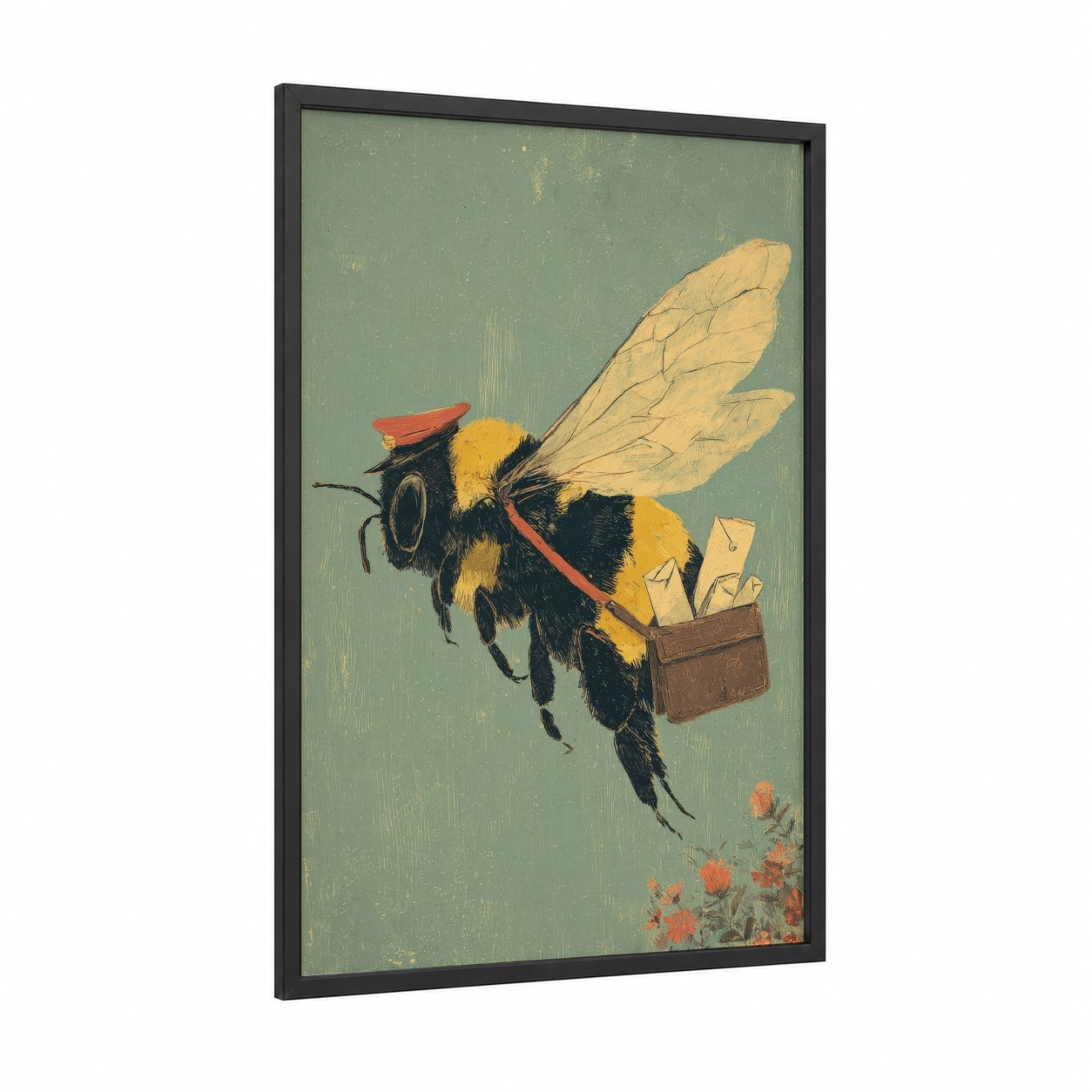 Postal Bee framed art print — black wood frame — light green and yellow gold palette