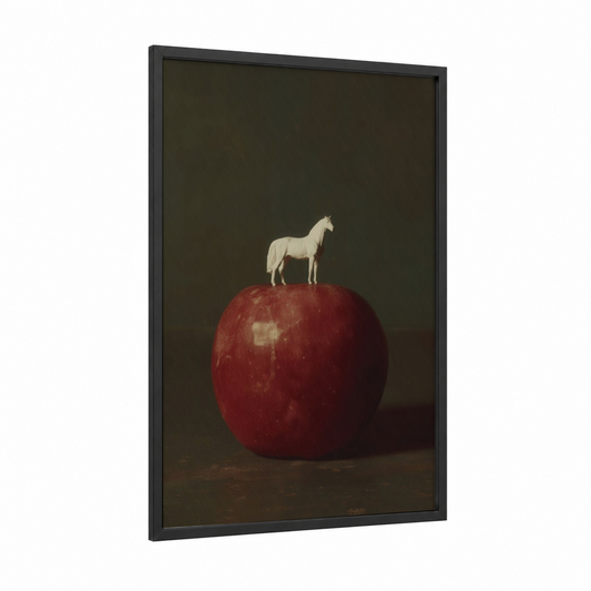 Apple Horse framed miniature horse print — black wood frame — red and olive palette
