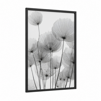 Delicate Dandelion framed art print — black wood frame — black and white and gray palette