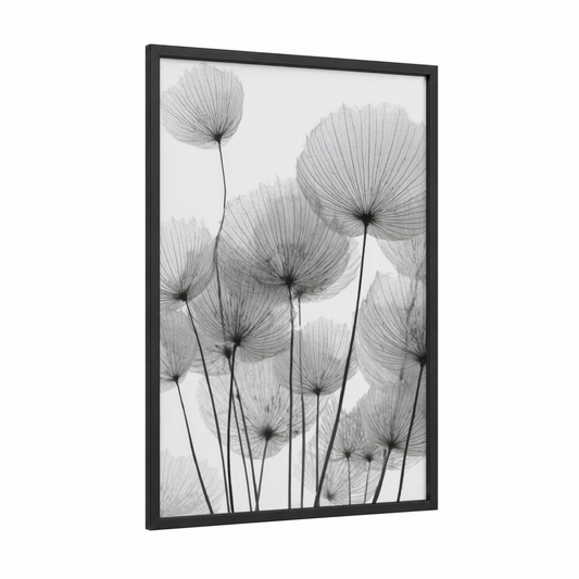 Delicate Dandelion framed art print — black wood frame — black and white and gray palette