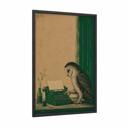 Literary Owl With Typewriter Wall Art framed art print — black wood frame — dark green and beige palette