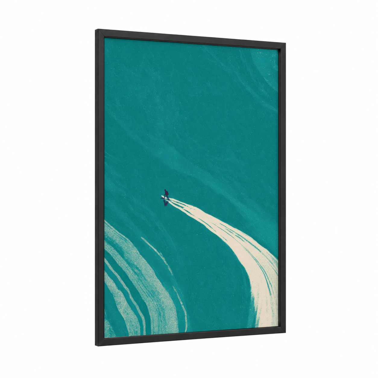 Turquoise Wake framed water skiing print — black wood frame — turquoise and white palette