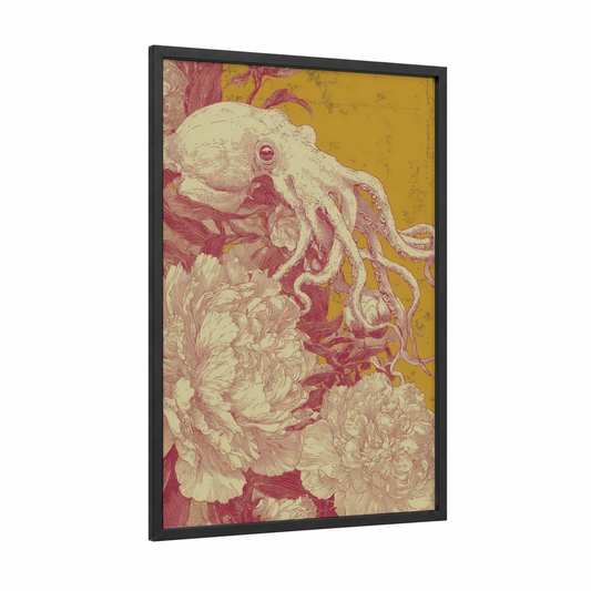 Crimson Squid Dance framed art print — black wood frame — maroon and yellow gold palette