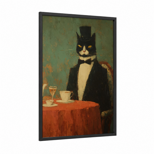 Dapper Tuxedo Cat framed vintage fashion print — black wood frame — sage green palette