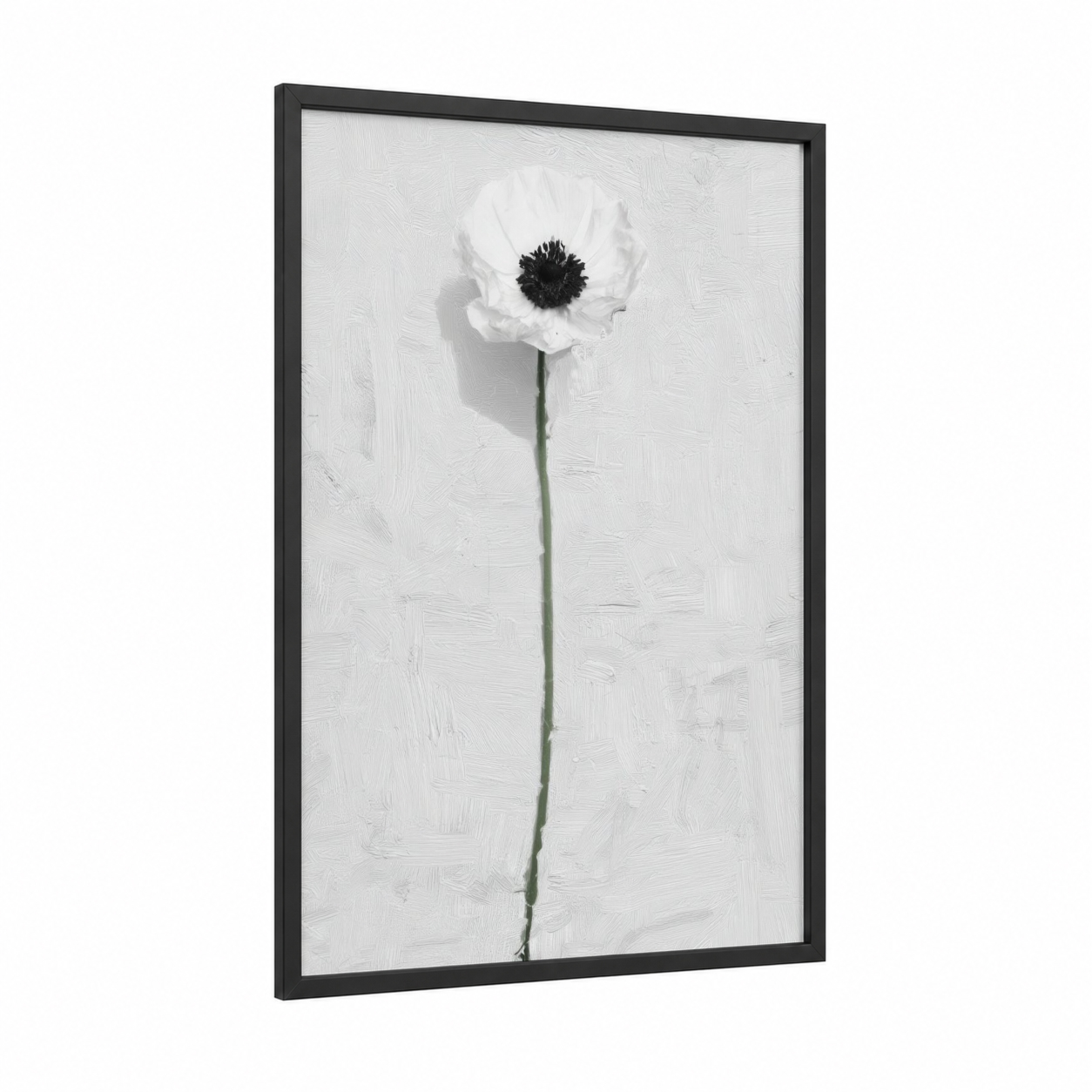 Minimalist Anemone framed abstract flower print — black wood frame — white and black and white palette