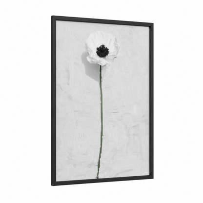 Minimalist Anemone framed abstract flower print — black wood frame — white and black and white palette