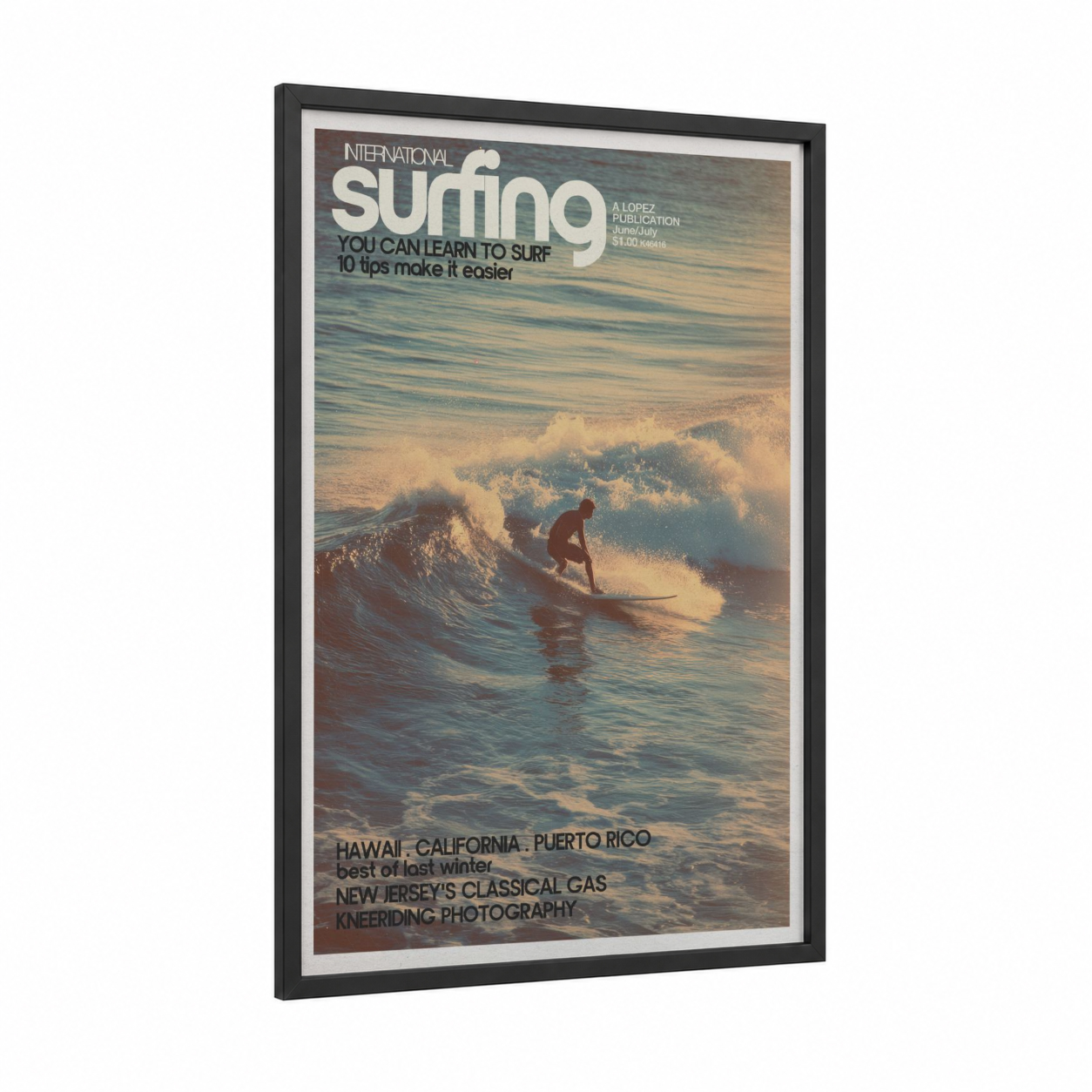 Golden Surfer framed surfing print — black wood frame — gold and blue and gold palette