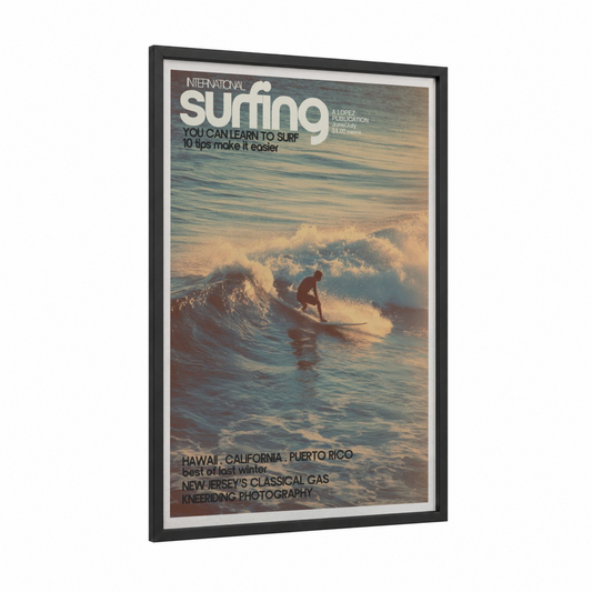 Golden Surfer framed surfing print — black wood frame — gold and blue and gold palette