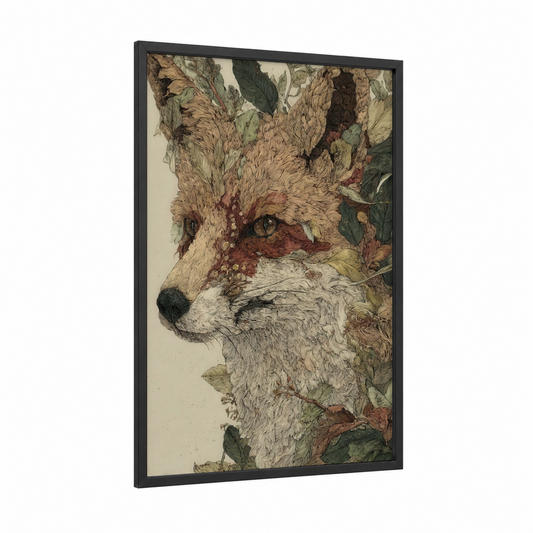Wildflower Fox framed art print — black wood frame — brown and green palette