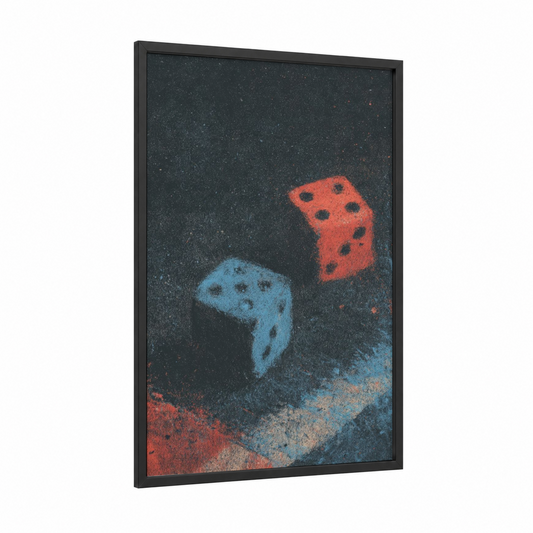Lucky Dice Pair framed art print — black wood frame — blue and red palette