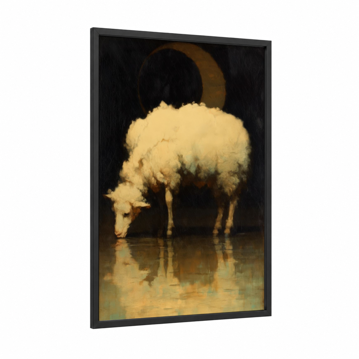 Grazing Sheep framed art print — black wood frame — cream and gold palette