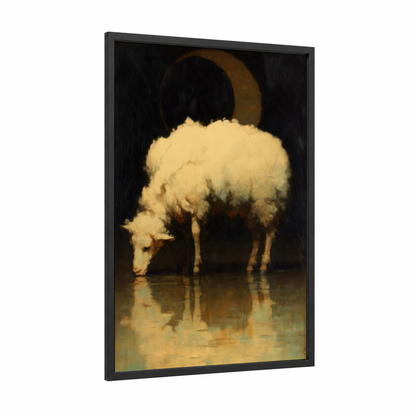 Grazing Sheep framed art print — black wood frame — cream and gold palette