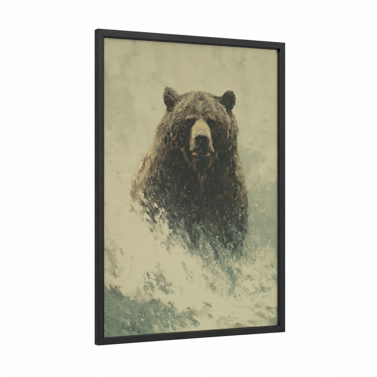 Snowy Grizzly framed grizzly bear print — black wood frame — cream and gray palette