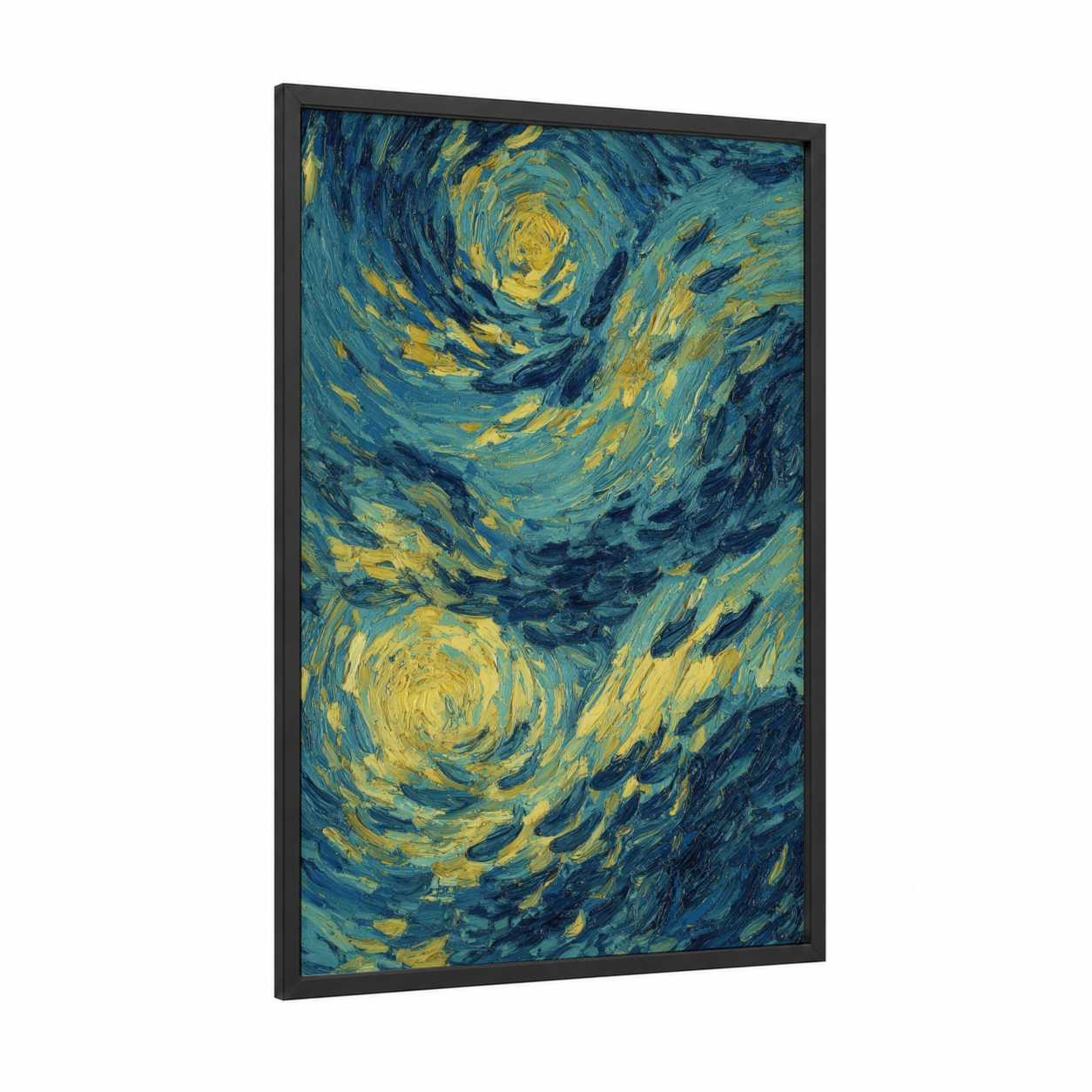Swirling Bass framed art print — black wood frame — blue and yellow gold palette