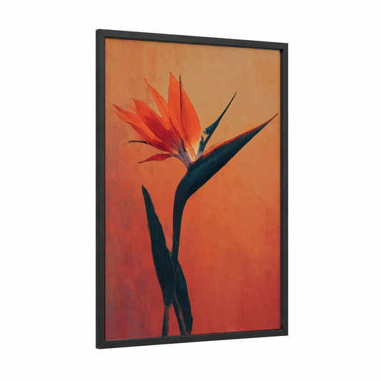 Crimson Bird of Paradise framed birds of paradise print — black wood frame — orange and red palette