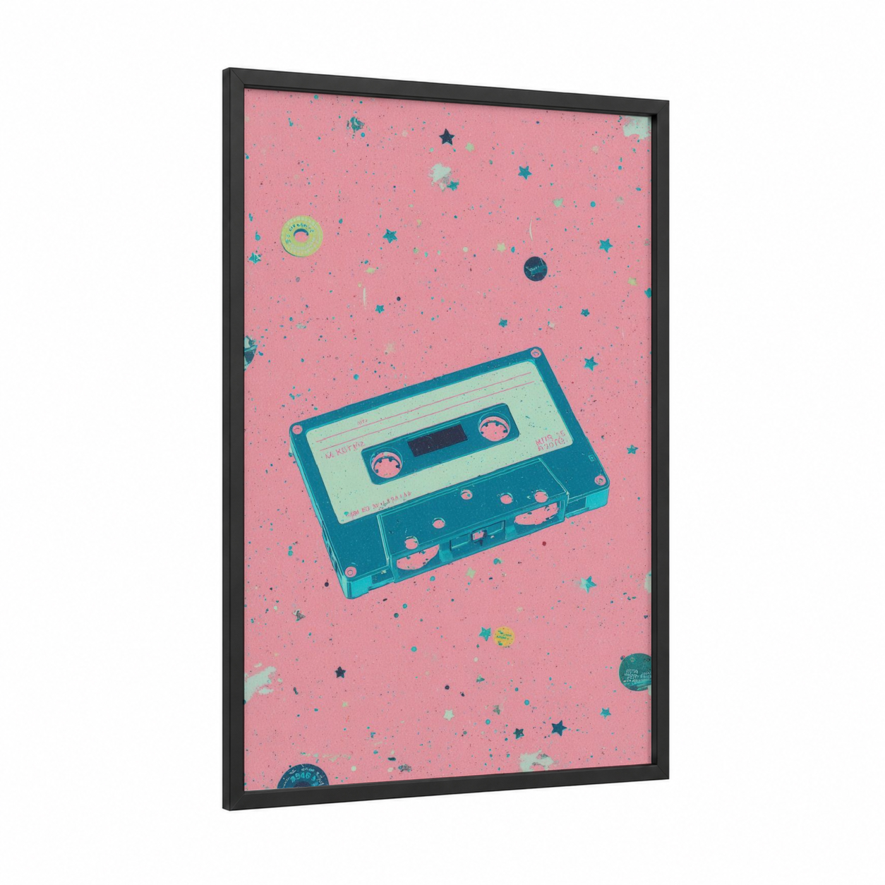 Retro Cassette Tape framed casette print — black wood frame — pink and teal palette
