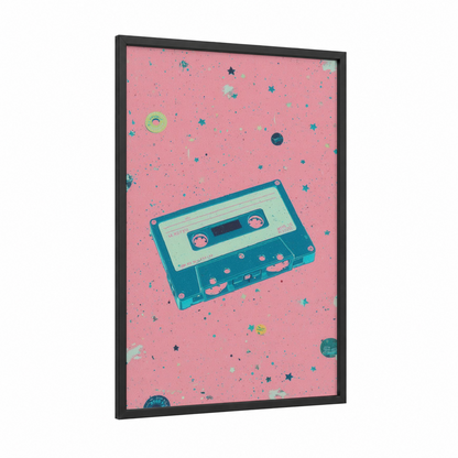 Retro Cassette Tape framed casette print — black wood frame — pink and teal palette