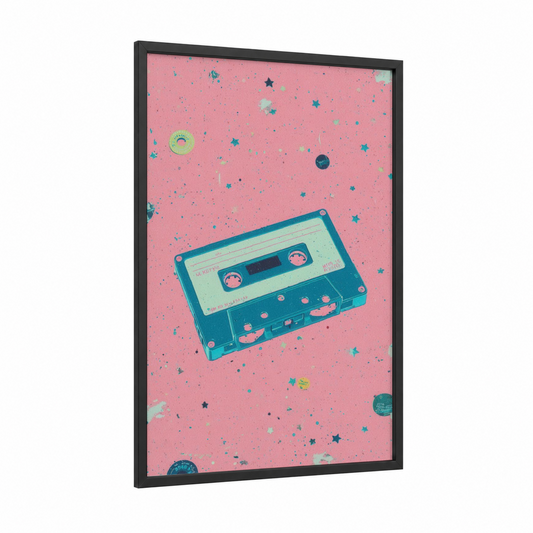 Retro Cassette Tape framed casette print — black wood frame — pink and teal palette
