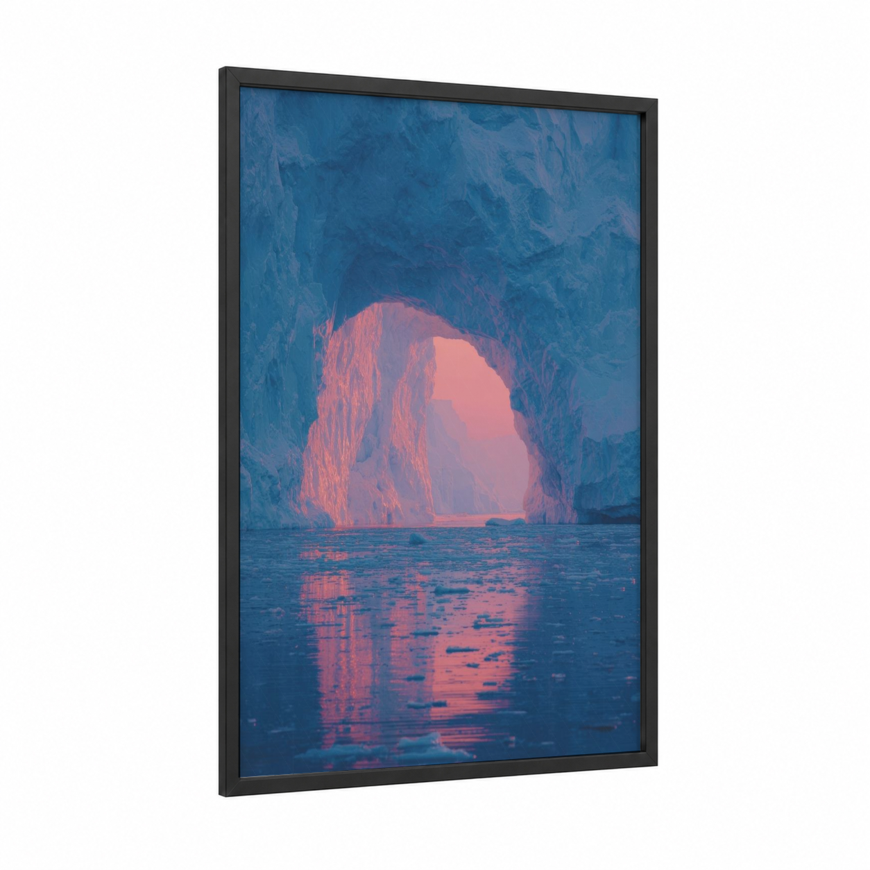 Glowing Arch framed art print — black wood frame — blue and salmon pink palette