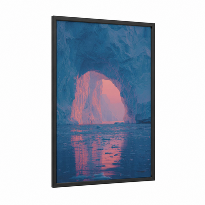Glowing Arch framed art print — black wood frame — blue and salmon pink palette