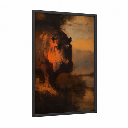 Golden Hippo framed art print — black wood frame — orange and black palette