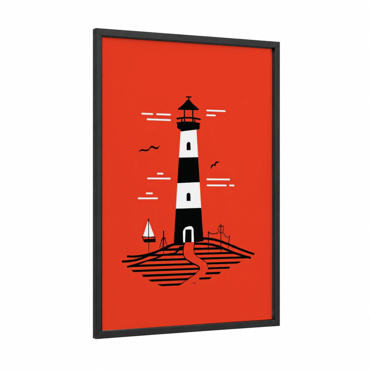 Coastal Lighthouse framed art print — black wood frame — red and black and white palette