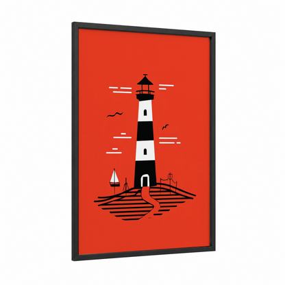 Coastal Lighthouse framed art print — black wood frame — red and black and white palette