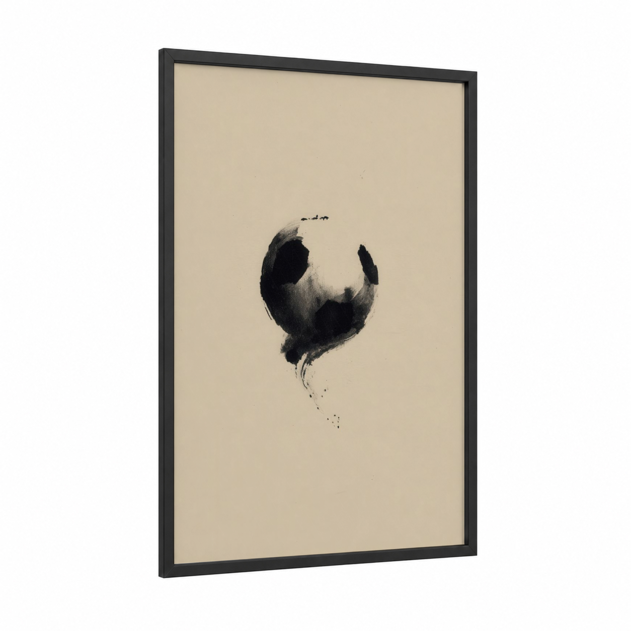 Abstract Soccer framed art print — black wood frame — black and white and beige palette