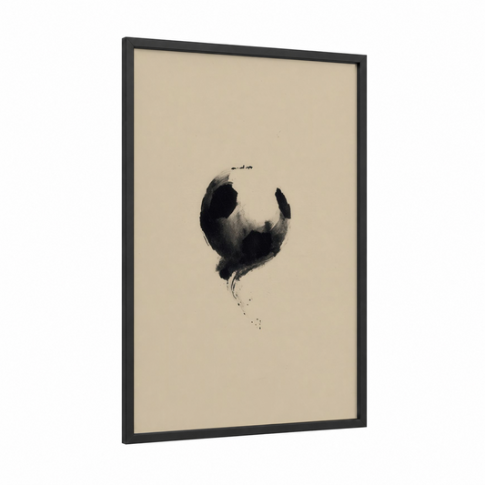 Abstract Soccer framed art print — black wood frame — black and white and beige palette