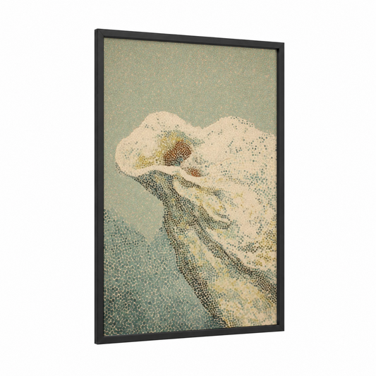 Coastal Oyster Shell framed art print — black wood frame — cream and teal palette