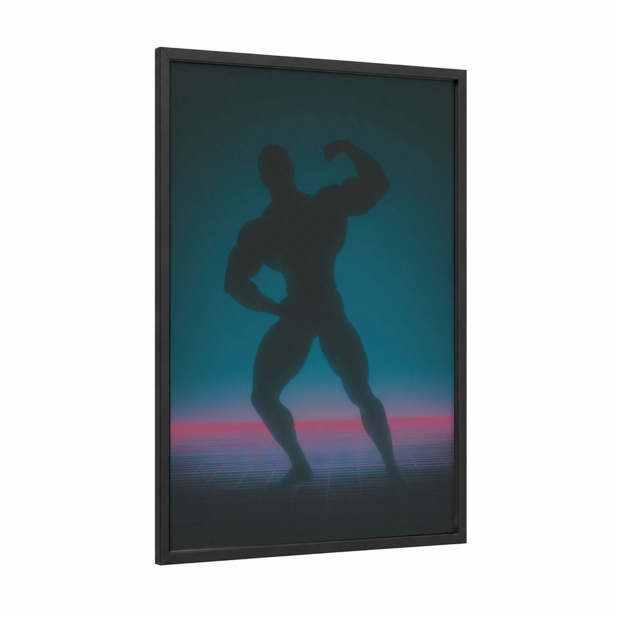 Muscular Power Pose framed bodybuilding print — black wood frame — dark blue and magenta palette