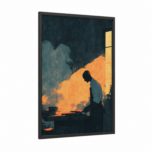 Fireside Worker framed labor day print — black wood frame — dark blue and gold palette