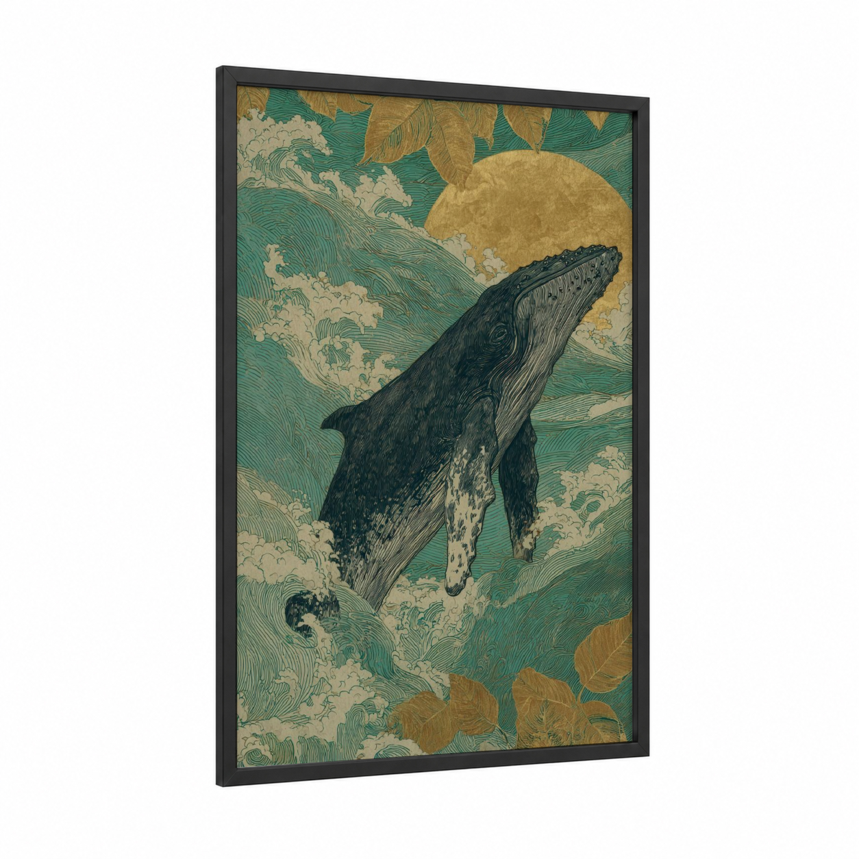 Diving Gray Whale framed art print — black wood frame — teal and gold palette