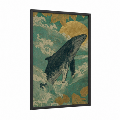 Diving Gray Whale framed art print — black wood frame — teal and gold palette