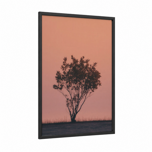 Solitude Mangrove framed art print — black wood frame — peach and black palette