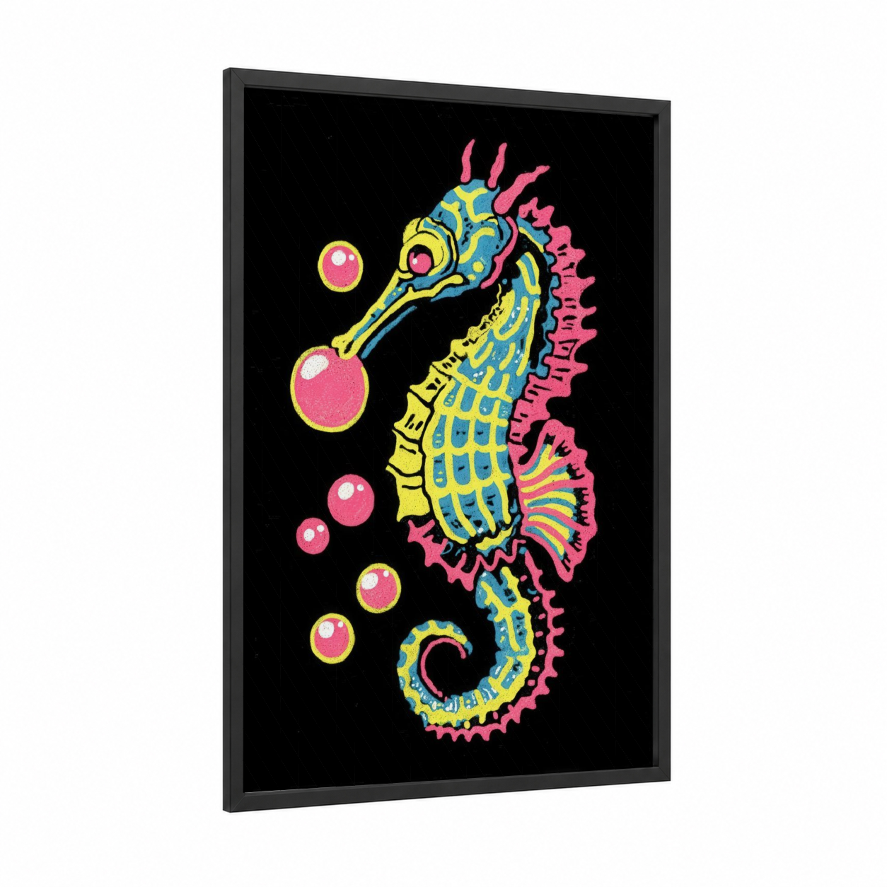 Neon Seahorse framed sea horse print — black wood frame — magenta and yellow gold palette