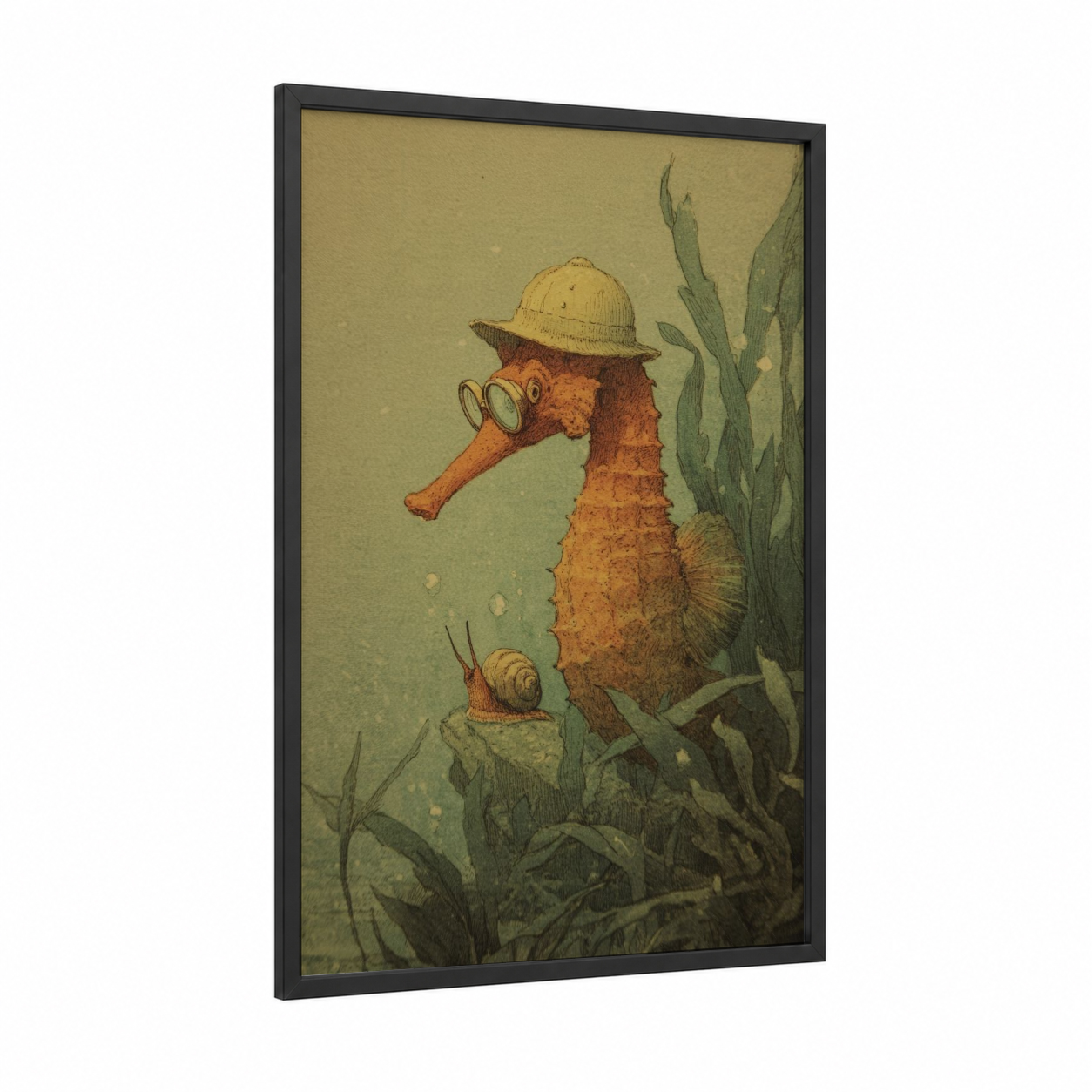 Explorer Seahorse framed sea horse print — black wood frame — sage green and gold palette
