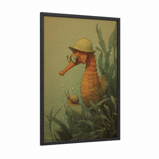 Explorer Seahorse framed sea horse print — black wood frame — sage green and gold palette